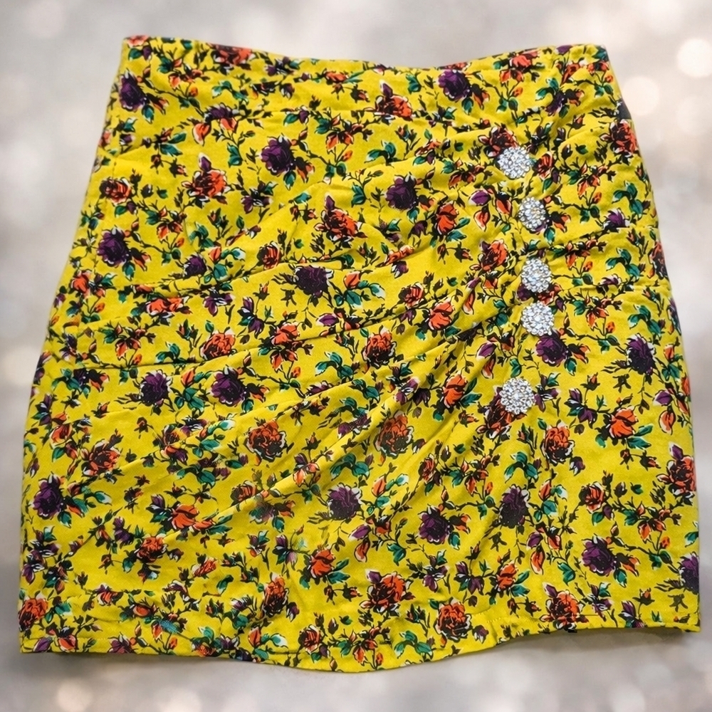 ZARA Yellow Floral Draped Mini Skirt Rhinestone Button Statement Piece Size L